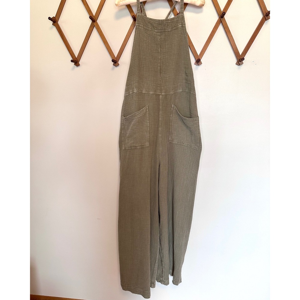 Easel Cotton Overalls Green Waffle texture 2X Wide Leg